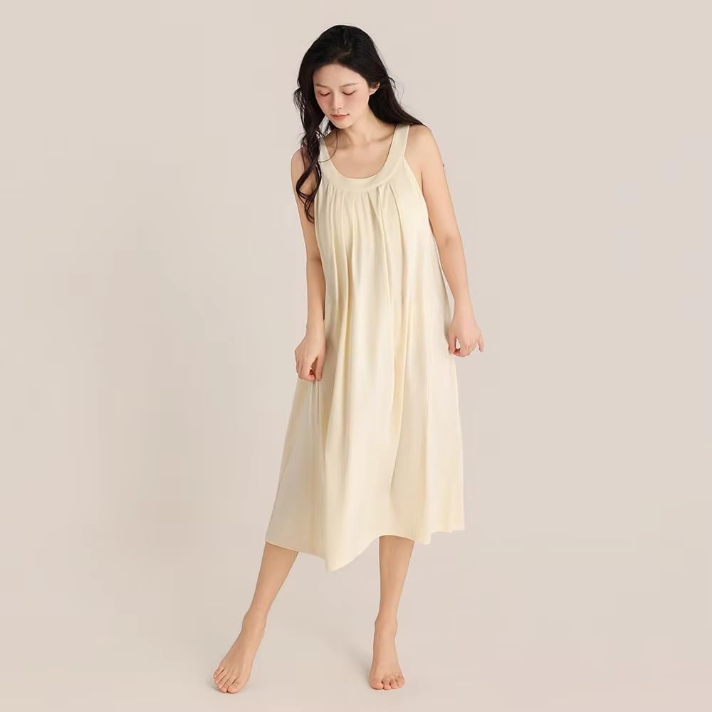 Camisón de algodón para mujer, sin mangas, ajuste holgado, longitud media, para dormir