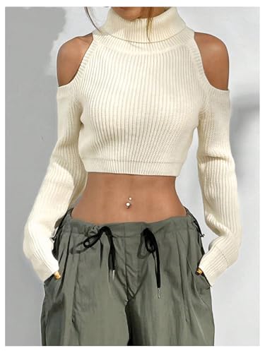 Image of MakeMeChic Women's Turtleneck Cold Shoulder Sweater Long Sleeve Knit Crop Sweaters White Large