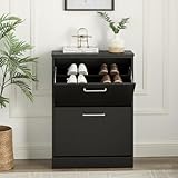 Home Treats 2 Drawer Shoe Cabinet Hallway Storage Shoe Rack Wooden Traineer Storage Organiser Narrow Entryway Shoe Cupboard 8 Pairs Flip Doors (Black) - Image 4