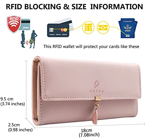 Image of PALAY Women's PU Leather Long Wallet with Leaf Pendant Card Holders Phone Pocket Girls Zipper Coin Purse (Pink) | Organized Storage with Card Holders and Phone Pocket; PU Leather, Zipper Coin Compartment, Leaf Pendant Detail for Daily Carr