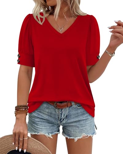 Image of OFEEFAN Womens Tops Short Sleeve Shirts Buttons V Neck Spring Fashion Summer Outfits Plus Size Blouses Dressy Casual