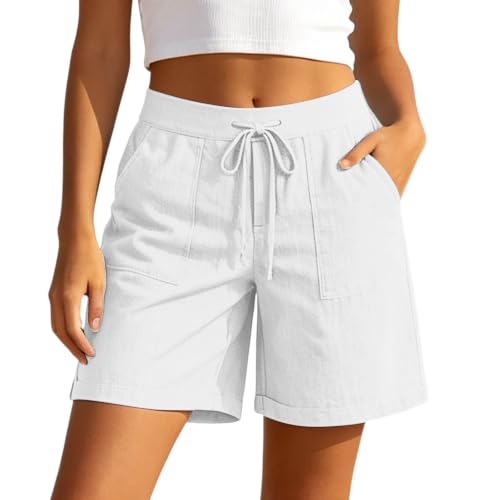 Womens Cotton Linen Shorts with Pockets Drawstring Knee Length Bermuda Shorts Summer Casual Baggy Wide Leg Outfits White