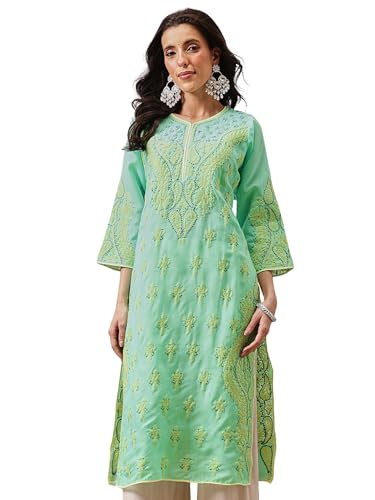 Image of Ada Lucknowi Hand Embroidered Chikankari Cotton Kurta Kurti Tunic for Women A253605 (Sea Green, 3XL)