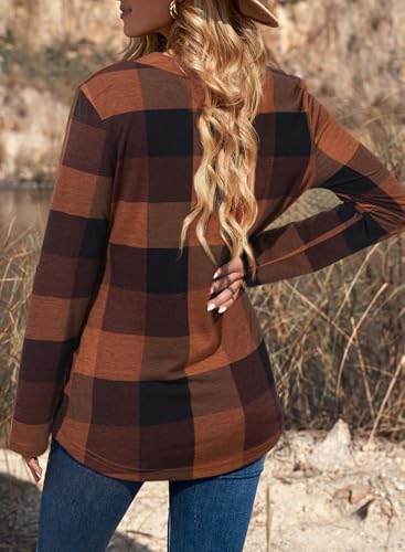 Image of Dokotoo Womens Tops Plaid Cotton Cuffed 3 /4 Sleeve Shirts Blouses
