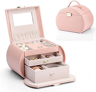 Vlando Jewellery Box for Girls, 3 Layers Leather Jewelry Storage box with Mirror & Removable Pillow for Rings Bracelets Earrings Necklaces, with Gift Card, Gift Choice (Peach Pink)