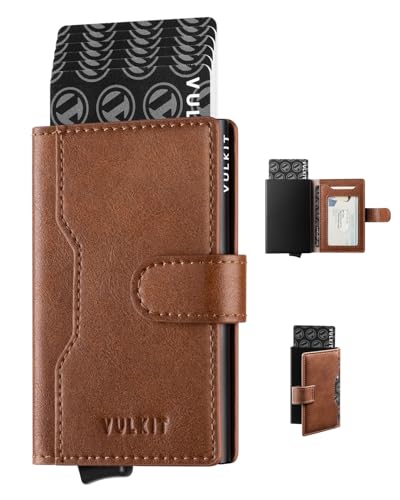 Image of VULKIT Slim Bifold Pop up Wallet Minimalist Leather Card Holder RFID Blocking Metal Card Case with ID Window for Women | with Leather Slots