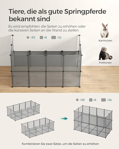 SONGMICS Freigehege mit Bodenplatten, Laufstall, Meerschweinchen Gehege, aus Kunststoff, Gehege für Hamster, Kaninchen, Igel, 143 x 73 x 46 cm, grau LPC002G01