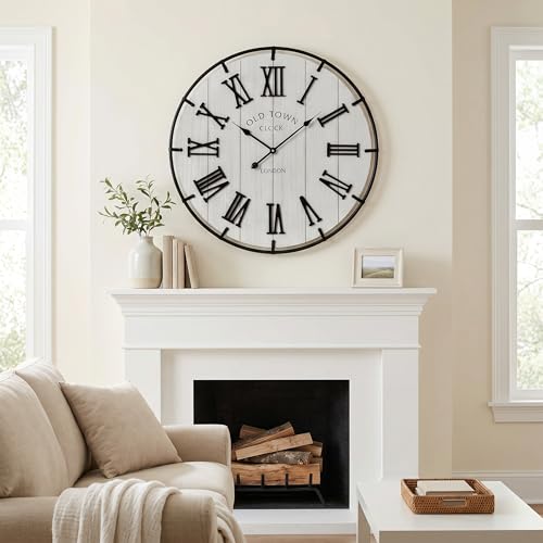 Image of EMAX HOME Large 30 Inch Farmhouse Wall Clock, Rustic Distressed Wooden Face with Black Metal Frame, Silent Non-Ticking Quartz Movement, for Living Room, Bedroom, Kitchen, and Home Office Decor