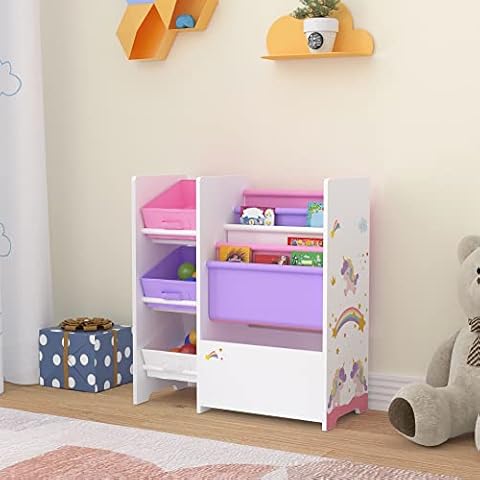 Kinderregal Vimianzo Bücherregal mit 4 Ablagefächern Bücherkiste 3 Faltboxen Spielzeugregal Einhorn-Motiv Weiß Lila Rosa Kinderzimmer Organizer Staufach Cover