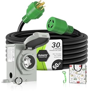 RVMATE 4 Prong 30 Amp Generator Cord (50FT) and Pre-Drilled Power Inlet Box Waterproof Combo Kit, NEMA L14-30P to L14-30R Generator Cord with NEMA L14-30P Generator Inlet, ETL Listed