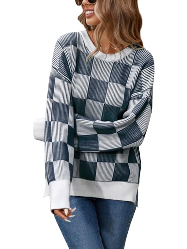 Image of Famulily Womens Long Sleeve Crew Neck Sweater Color Block Plaid Checker Pullover High Low Side Slit Pullover