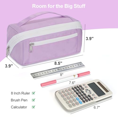 Image of Large Pencil Pouch for Teen Girls, 8 Compartments, Purple | Large capacity pencil case, wide-opening organizer fits calculators, markers, pens; for middle school, high school, college