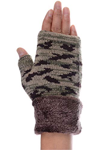 LL- Womens or Unisex Teens Winter Knit Fingerless Fashion Gloves Fleece Lined (Army Green Camo)