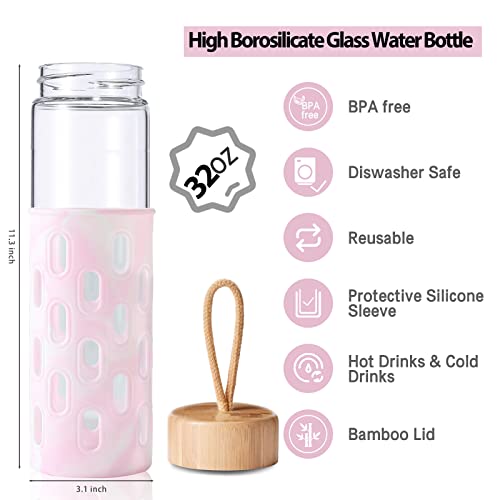 Wemburly 32Oz Borosilicate Glass Water Bottle With Silicone Sleeve And Bamboo Lid Cute Water Bottles For Women #TOP2