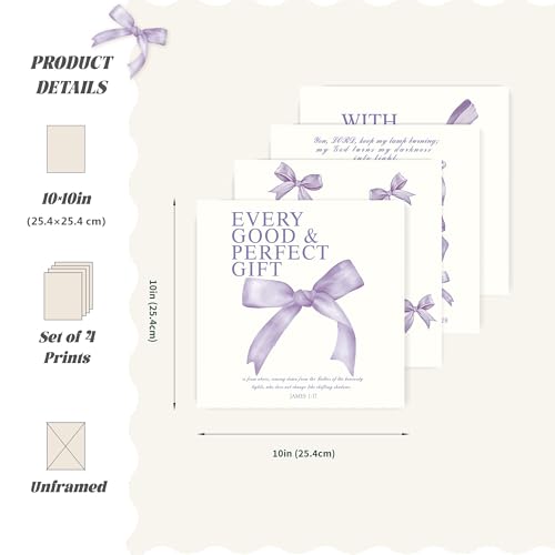Image of LARTSFRO Coquette Purple Bow Wall Art Decor Posters, Purple Bow Room Bedroom Bathroom Dorm Wall Art Decor Aesthetic for Teen Girls Gifts, Inspirational Bible Verses Bow Wall Decor, 10x10 Inch Set of 4 Pcs Bow Pictures (UNFRAMED)