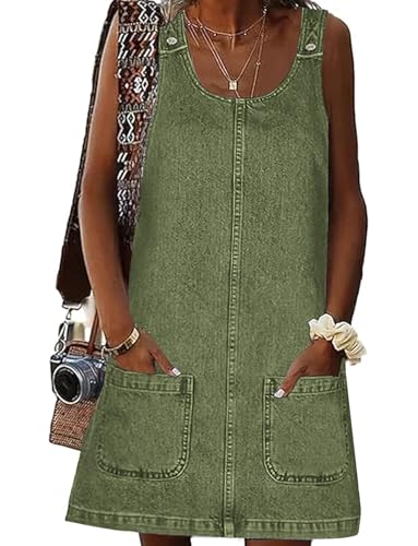 Image of Xaspee Denim Overall Dress for Women Casual Mini Sleeveless Jean Vintage Jumper Skirt Dress with Pockets