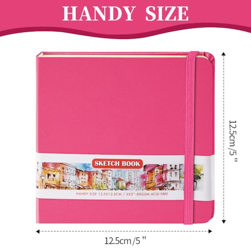 Image of 5x5 Pocket Sketch Book,80gsm Hardcover Art Sketchbook for Drawing Journal | PU Cover,Blank Paper,96Sheets /192Pages,Lay-Flat,Portable Travel Creation Paint Diary Memo Planner,Dry Media.Rose Pink