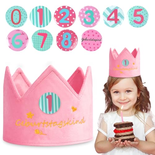 URAQT Geburtstagskrone, Krone Geburtstag aus Plüsch mit Button Zahlen Auswechselbare von 0-9, Geburtstagskrone Mädchen Jungen, Geburtstag Krone Kinder Partyhüte für Kindergeburtstag Party Deko（Rosa）