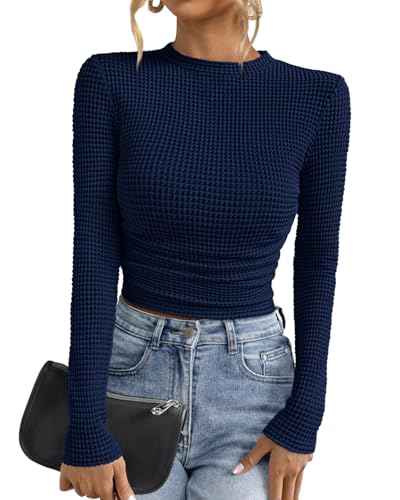 PRETTYGARDEN Womens Tops 2025 Fall Long Sleeve Fitted T Shirts Waffle Ruched Crop Shirt Basic Knit Workout Y2k Clothes(Navy Blue,XX-Large)
