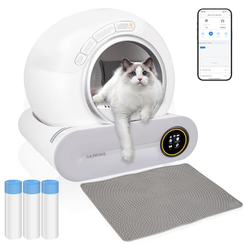 Self-Cleaning Litter Box, Automatic 65 L + 9 L Large Capacity, APP Controlled, Suitable for Multiple Cats - White, Three Rolls of Garbage Bags & a Mat