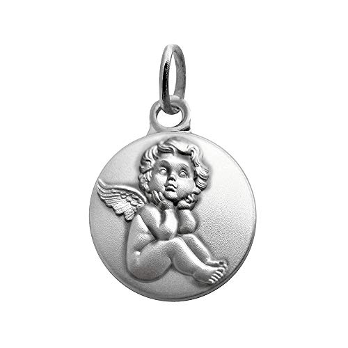 Médaille Ange rêveur en argent vieilli ronde pendentif baptême 31610430