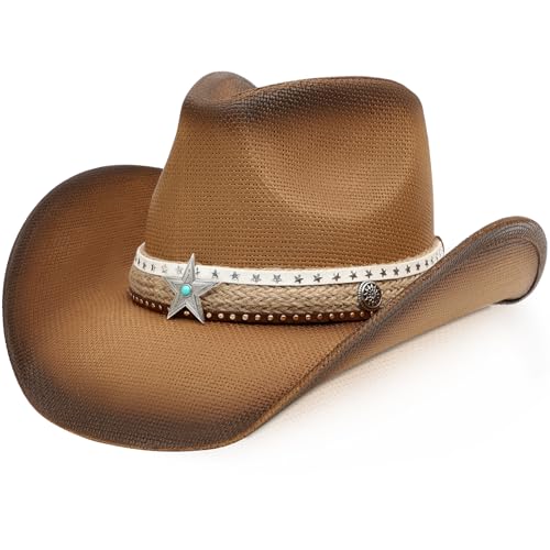 Image of WQWOVRVO Cowboy Hat,Cowgirl Hat,Western Cowboy Hats for Women /Mens /Straw Wide with Shapeable Brim Cowboy Hat for Womens