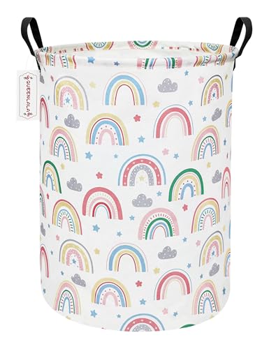 QUEENLALA Foldable Waterproof Round Fabric Laundry Basket Home, Rainbow