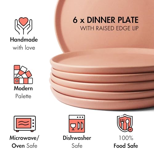 Image of Ceramic Dinner Plates, 6 Pcs | Rim Plate for Easy Eating | Microwave, Oven, Dishwasher Safe | Set of 6 Ceramic Plates for Dinner | Handmade | (Flamingo Pink, Set of 6 Dinner Plates)