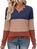 Zeagoo Women's Waffle Knit Tops Casual V Neck Long Sleeve Blouses Fall T-Shirts Color Block Button Decor Tunics