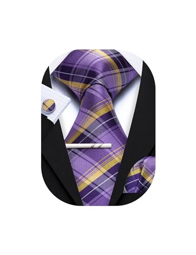 Image of YOHOWA Men Plaid /Striped Ties Set Silk Business Wedding Formal Fashion Necktie and Pocket Square Cufflinks Set