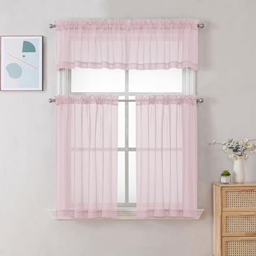 Image of Chyhomenyc Sheer Valances for Windows 2 Pack, Small Window Curtains for Living Room Bathroom Cafe Laundry Basement, Modern Top Dual Rod Pocket Voile Curtain, 42W x 18L inches, Blush Pink