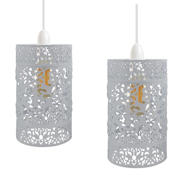 Unique Moroccan Designed White Metal Circular Pendant Light Shade with Floral Decor, 13.5cm Diameter and Bulb Guard Drum Shaped Lampshades for Ceiling Pendant Lights โ image 1
