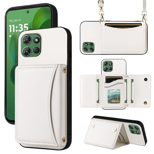 Furiet Wallet Case for Motorola Moto G 5G 2025 with Crossbody Strap Premium PU Leather Card Holder Shockproof Heavy Duty Full Body Accessories Slim Cell Phone Cover for G5G 5 G G5 Women Men White