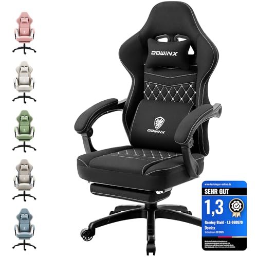 Dowinx Gaming Stuhl Stoff Bürostuhl mit Taschenfederkissen, Massage Gamer Stuhl mit Kopfstütze, Ergonomische Racing Gaming Sessel mit Fußstütze (Schwarz)