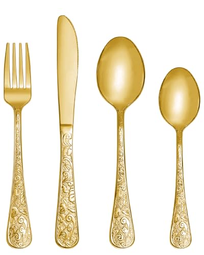 SHEUMNT 24-Piece Gold Vintage Carved Silverware Set for 6, Stainless Steel Flatware Set with Knife/Fork/Spoon, Cutlery Set for Home and Kitchen, Utensil Set with Dishwasher Safe