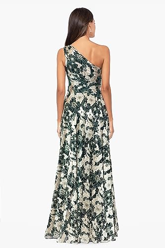 Image of Betsy & Adam Women's Long Sleeveless One Shoulder Metallic Print Gown, Green /Gold, 12