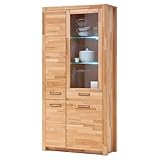 vitrinenschrank aus massivholz im landhausstil LIEFERUMFANG - 1x Vitrinenschrank mit 1 Glasrahmentür, 3 Holztüren, 2 feste Böden, 4 Einlegeböden, 2 Glasböden, LED-Glaskantenbeleuchtung, Gesamtmaß B/H/T ca. 98/203/40 cm