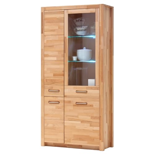 Lomadox Wohnzimmer Vitrinenschrank Vitrine mit LED-Beleuchtung, Kernbuche massiv geölt keilgezinkt, Echtholz/Massivholz Lomadox Wohnzimmer Vitrinenschrank Vitrine mit LED-Beleuchtung, Kernbuche massiv geölt keilgezinkt, Echtholz/Massivholz