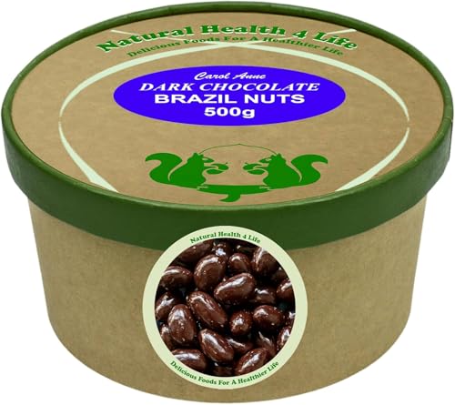 Natural Health 4 Life Carol Anne Confectionery Dark Chocolate Brazil Nuts 500g Recyclable Kraft Tub and Sealed with Kraft Paper to Retain Freshness Gluten-Free 7.6g Protein/100g (1 Tub)