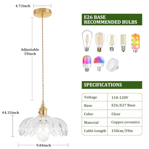 Image of Shenmoyl Pendant Light with Clear Scindapsus Glass Lmapshade, Brass Vintage Pendant Light Adjustable Hanging Light for Kitchen Island Dining Room Hallway