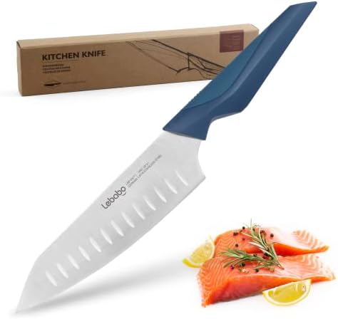 Lebabo Santoku Knife, 7 Inch Japanese Knife German Steel Kitchen Knives for Kitchen, Professional Santoku Chef Knives for Meat Vegetable Fruit with Ergonomic Handle, Ultra Sharp, Blue