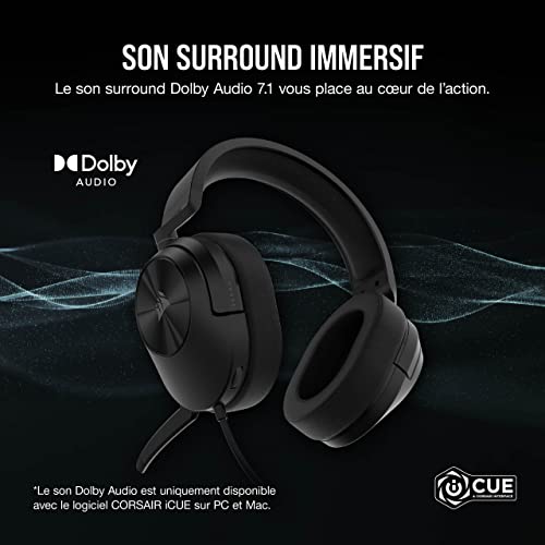 Corsair HS55 Surround Casque de Jeu Filaire Multiplateforme Léger - Son Surround Dolby 7.1 - Compatible iCUE - PC, Mac, PS5, PS4, Xbox, Nintendo Switch, Mobile - Carbone