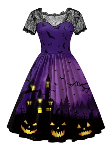 Kleid Halloween Frauen Schwarz Spitzenkrägen Ausgestellter Rock Cosplay Kleider Kurzarm Weich Vintage Kostüm Violett L