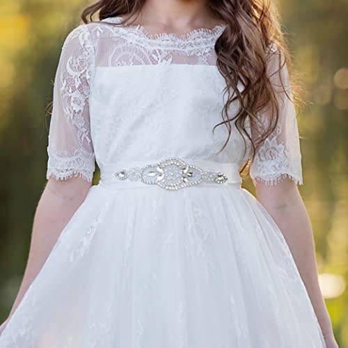 Mcieloluna White Boho Long Lace Flower Girls Dress For Wedding Formal Special Occasion Lace Swing Fancy Maxi First Holy Communion Dress With Jewels Belt White 08 #TOP3