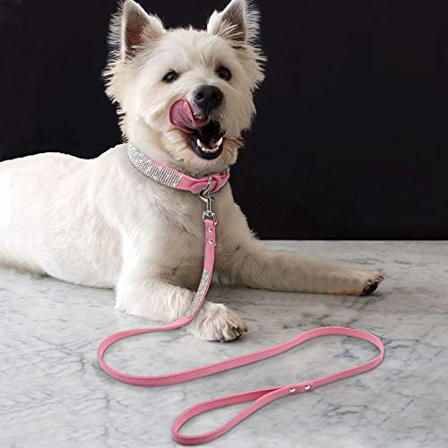 Pimaodog Cute Dazzling Sparkling Elegant Fancy Soft Suede Leather Bling Rhinestone Crystal Jeweled Pet Cat Dog Puppy Collar Dog Leash Combo Set (S(Neck 10-12.5"), Pink) by Pimaodog - Used condition - Image 5