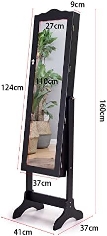 CASART Mirrored Jewelry Cabinet, Free-Standing Jewelry Armoire with Adjustable Mirror and Storage Shelf, Bedroom Makeup Jewelry Organizer for Women Girls (Black)