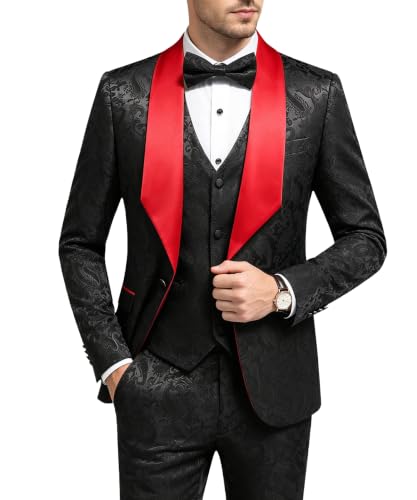 Mens Suits Slim Fit 3 Piece Jacquard Wedding Formal Tuxedo, Black Red, 34