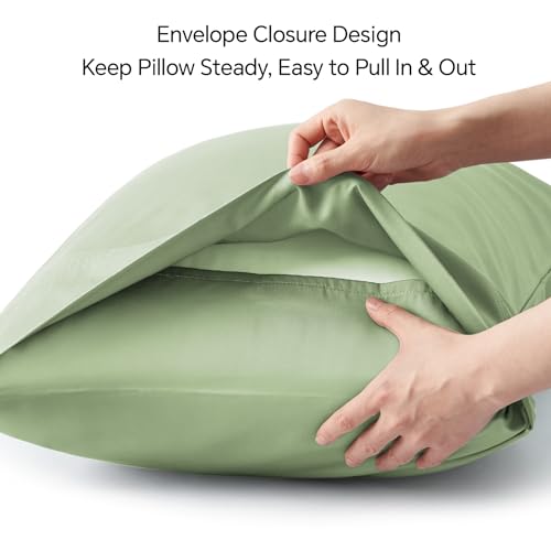 Image of BEDELITE Pillow Cases Standard Size 2Pcs, Rayon from Bamboo, Sage Green | Cooling and Breathable Pillow Cover for Hot Sleepers & Night Sweats, Silky Soft Cozy, Envelope Closure, 20 inchx26 inch