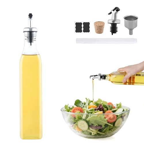 Beylce aceitera antigoteo cristal, 1x500ml aceitera y vinagrera con tapón antimanchas, etiqueta, corcho, rotulador de pizarra, embudo de acero inoxidable para cocina y barbacoa