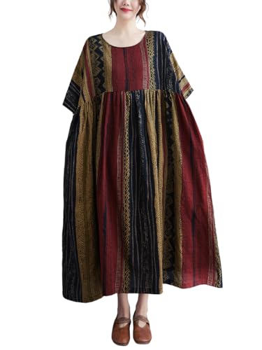 Women Summer Casual Loose Dress Plus Size Boho Dresses Vintage Striped Print Round Neck Short Sleeve with Side Pocket